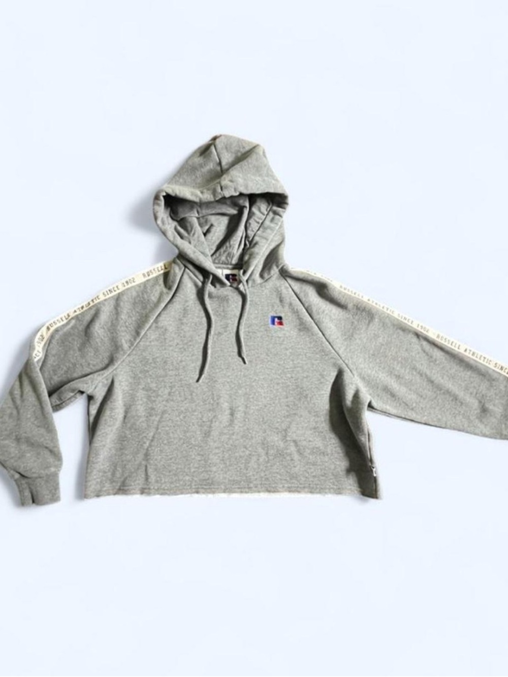 Vintage Russell Athletic Heather Gray Cropped Hoodie with Sleeve Tape